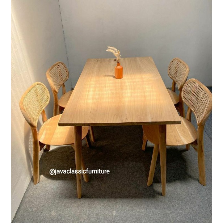 1 SET MEJA MAKAN KURSI ROTAN CAFE MINIMALIS VINTAGE DINNING CHAIR KITCHEN BAHAN KAYU JATI TPK GRADE A FURNITURE MEUBEL JEPARA-5