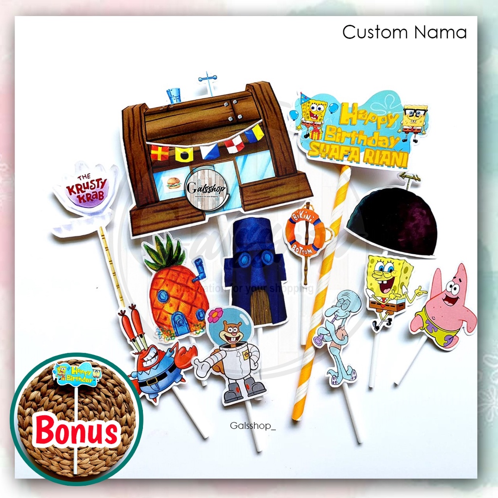 Custom Nama/ Foto / Toppercake Plus Spongebob Part 2 / Hiasan Kue / Cake Topper
