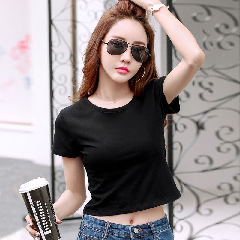 [littlecrab] Crop Top Polos Hitam Putih Simply Style Kaos Crop Baju Crop Round Neck Simple Elegan Berkualitas Croptop Polos Korean Style