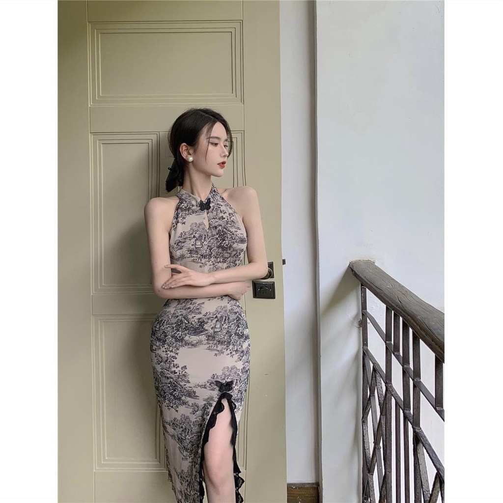 Modified cheongsam dress women's Chinese Feng Shui ink medium length skirt new sexy neck skirt in su