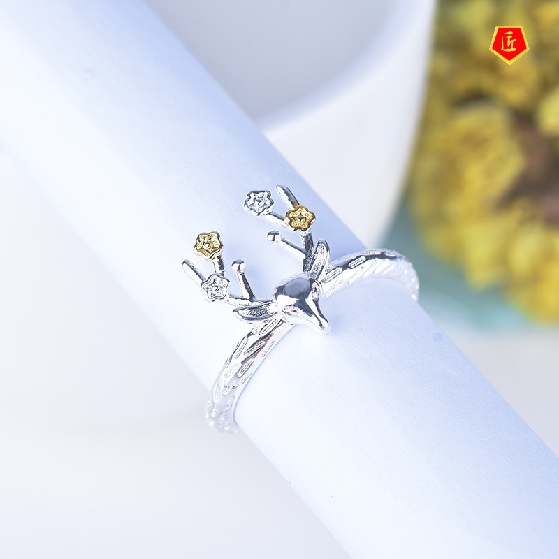 [Ready Stock]S925 Silver Flower Deer Ring Graceful Personality