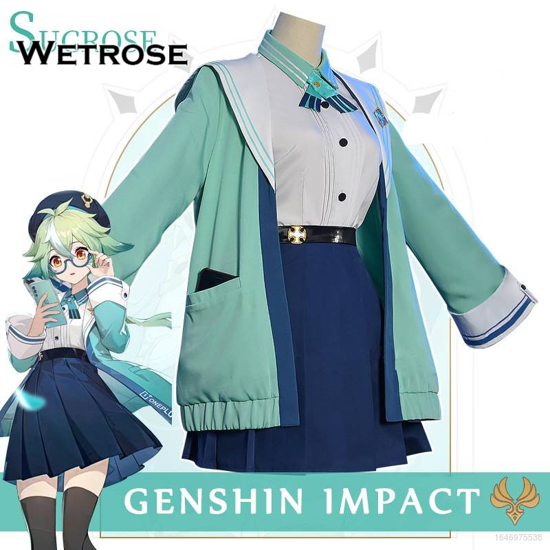 【Wetrose】Genshin Impact Sucrose Cosplay Costume JK Uniform Set Anime Long Sleeve Shirt Skirt Jacket Wig Costume Cosplay Suit Halloween