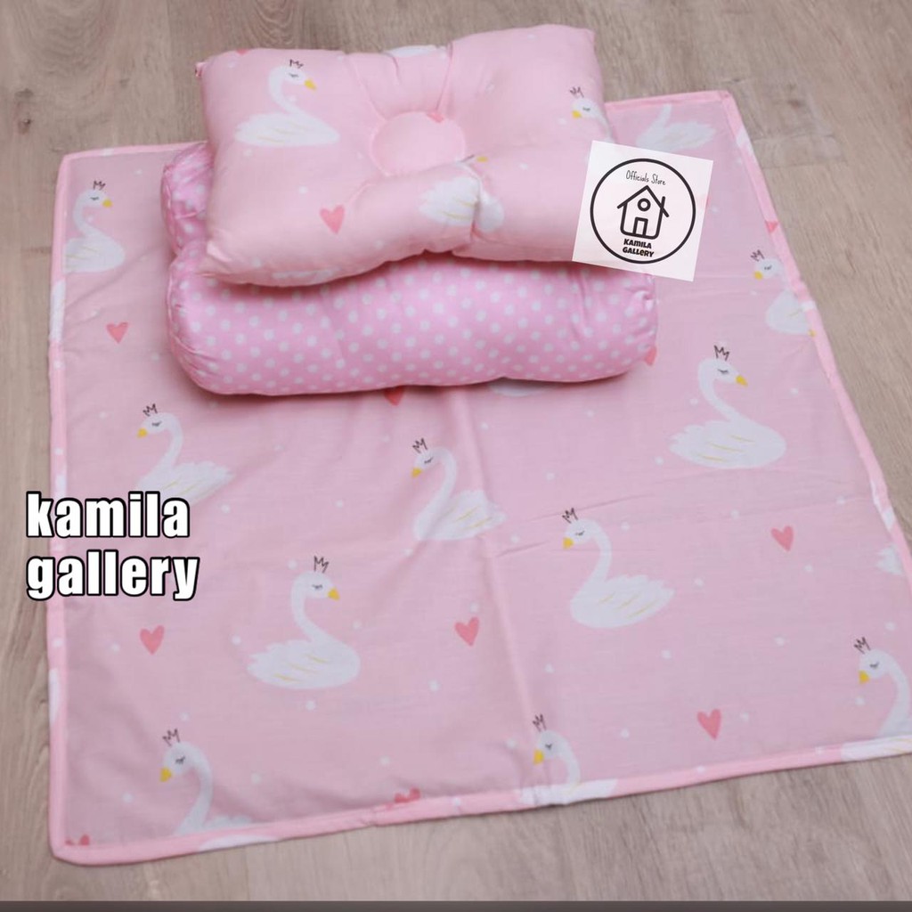 PERLAK SET BAYI/ ALAS OMPOL KASUR BAYI/MATRAS BAYI WATERPROOF MOTIF SWAN PINK