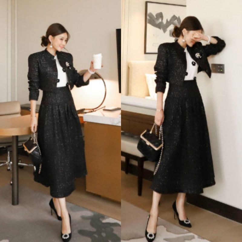 glamour set tweed blazer with a-line skirt