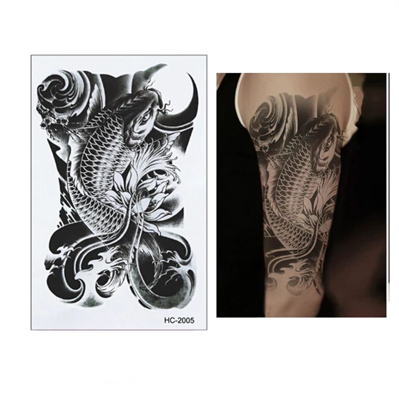 HB 090 - Tato Temporary Tattoo Tato Temporer Tahan air - Tato Ikan Koi Hitam ANTI AIR Tato Keberuntu