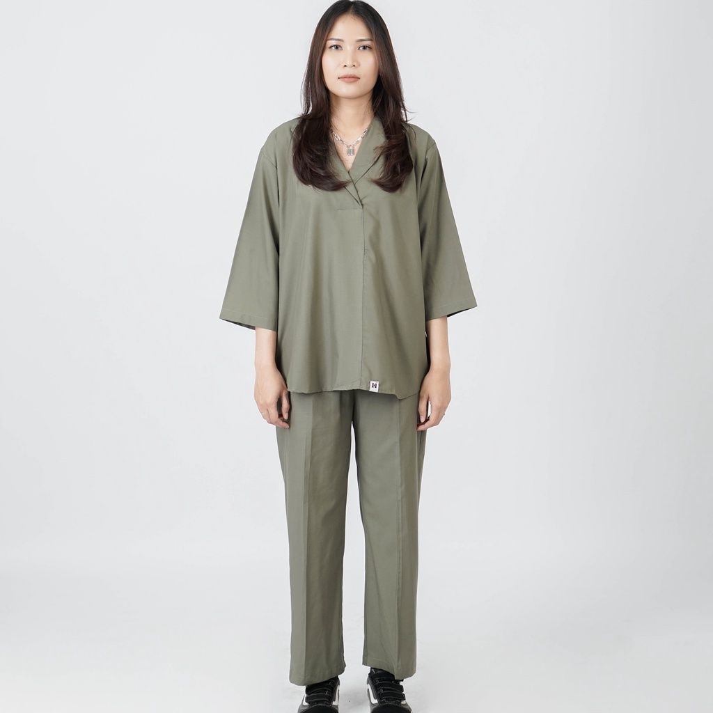 Paris Set Wanita panjang, Kemeja basic, Celana Panjang, Hijau Olive | Shirt, Pants, Long Set and Oli
