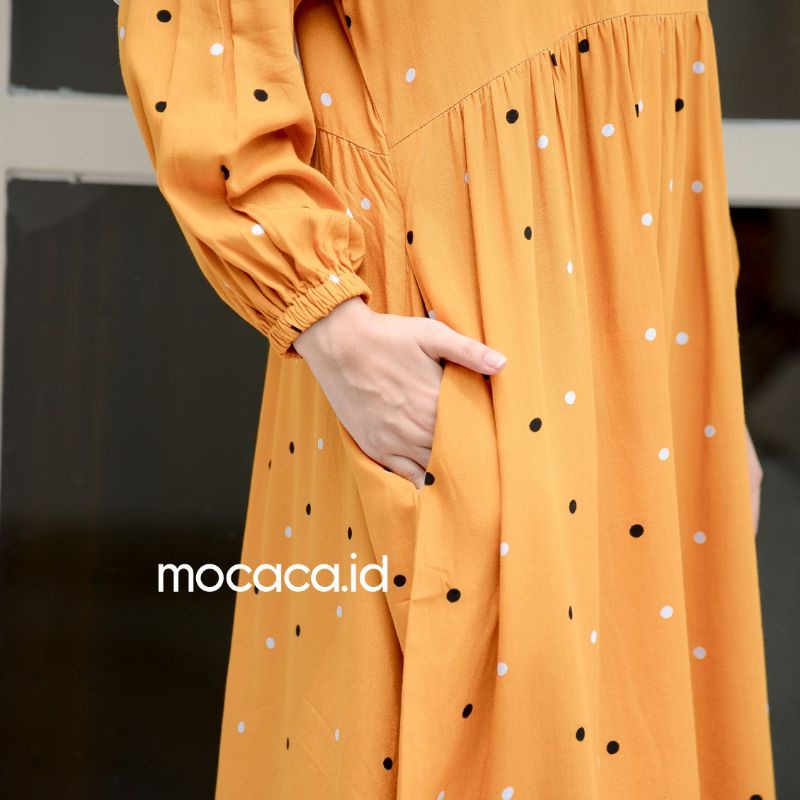 midi dress polkadot merah maroon kuning polka ootd hijab lengan karet kekinian katun rayon adem