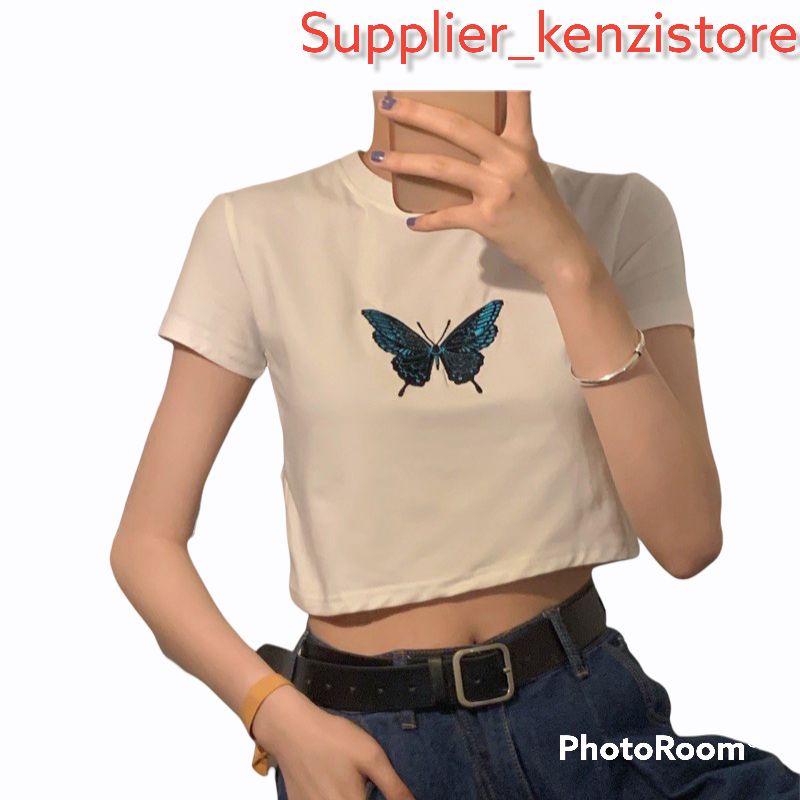 BISA [COD] [GRAB] Tshirt Butterfly Crop-kaos wanita crop/Baju ABG cantik kekinian Modern termurah