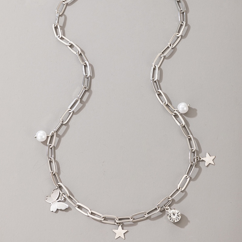 Kalung Rantai Klavikula Desain Butterfly Star Disk Single Layer Aksen Mutiara Berlian Gaya Hip Hop