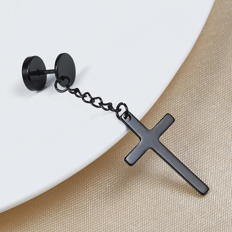 One Piece Korea Stainless Steel Cross Stud Anting-Anting Fashion Hitam Sendi Gaya Gothic Stud Anting-Anting Hip Hop Trendi Rantai Anting-Anting