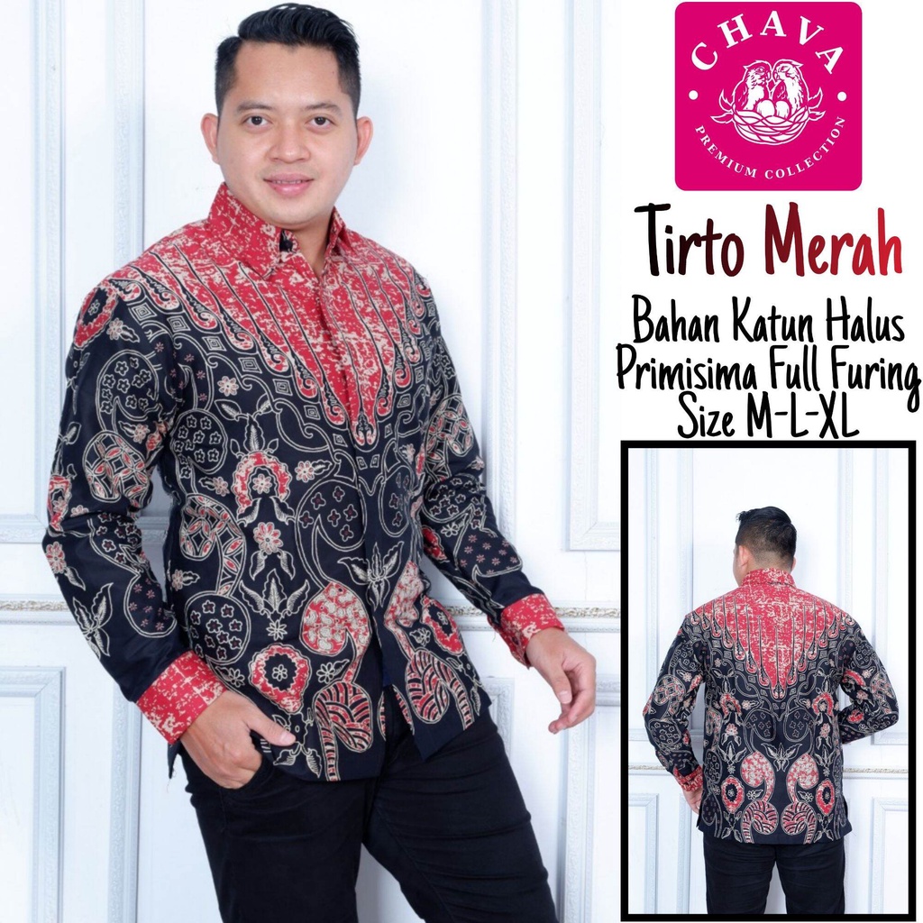 Kemeja batik pria warna merah baju batik lengan panjang terbaru bahan katun halus lapis furing TIRTO