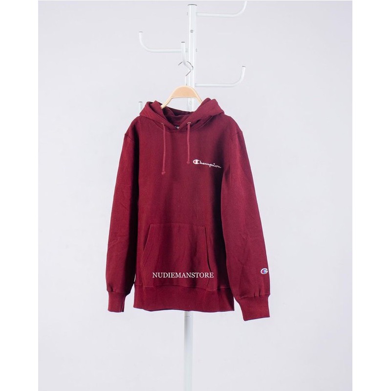 CHAMPION SMALL SCRIPT REVERSE WEAVE HOODIE MAROON