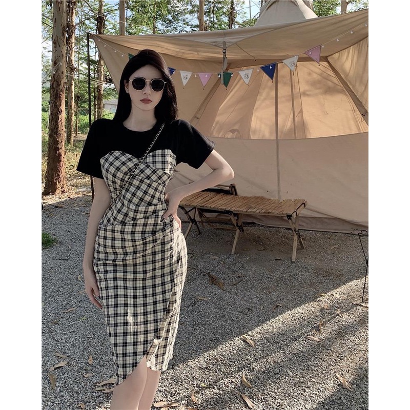 [Llittlecrab] Dress Motif Kotak-Kotak Hitam Putih Fishtail Simple Kasual Elegan Long Dress Sexy Square Pattern Motif Unik Berkualitas Simply Korean Style Dress Pantai Piknik