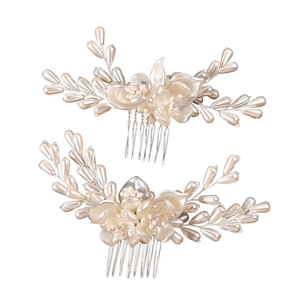 2 pcs Handmade Wedding Flower Headpiece Bridal White pearl Haircomb Hair Accessories