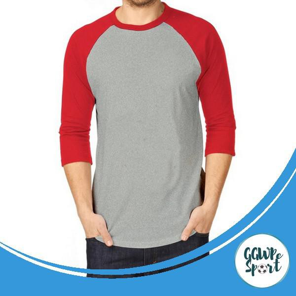 Kaos Raglan Wanita Pria Premium Cotton Combed 30S Lengan Setengah Abu Merah Kualitas Jaminan Terbaik