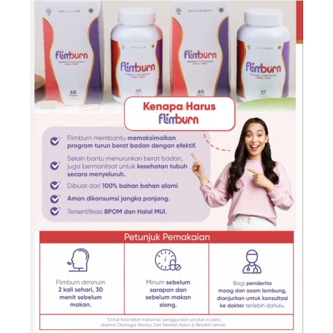 FLIMBURN by FLIMTY FIBER / FAT BURNER / 1 Botol isi 60 Tablet / Pil Diet Alami BPOM / Pembakar Lemak / Menahan Napsu Makan