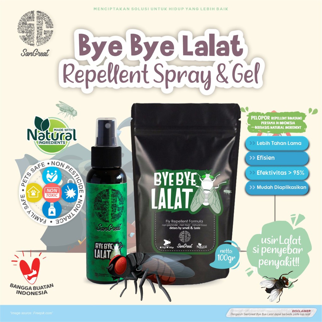 Anti serangga pengusir lalat alami non pestisida SanGreat Bye Bye Lalat gel 100 gr &amp; spray 100 ml-aman-anti lalat