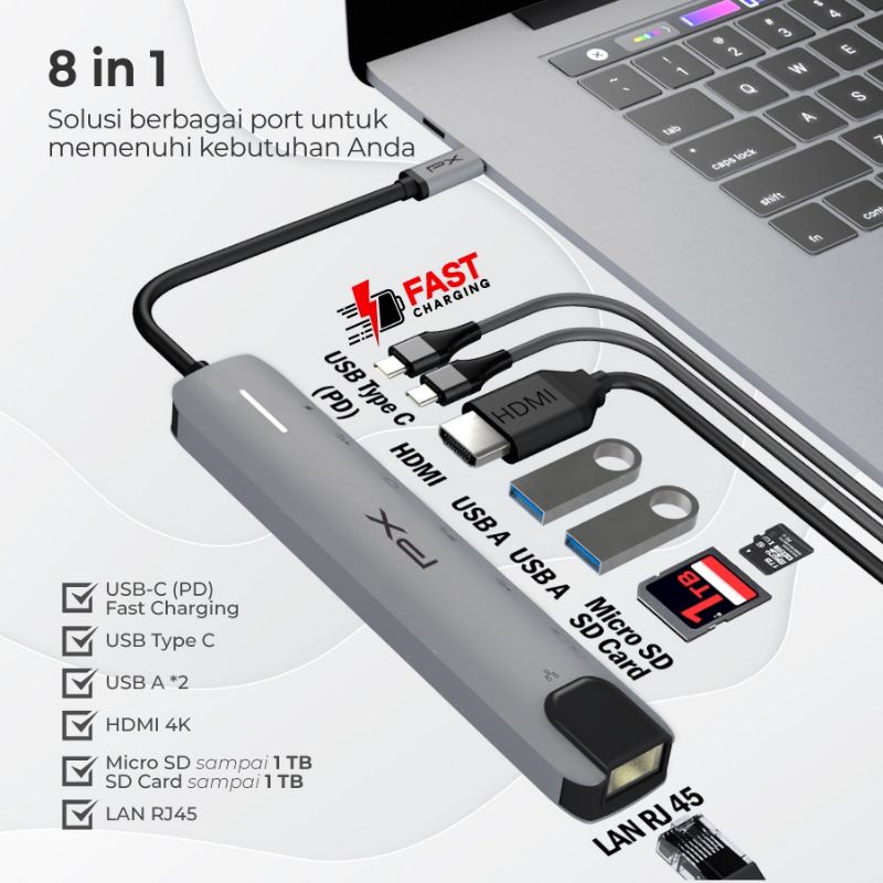 USB 3.1 Type C 8in1 HDMI 4K LAN RJ45 USB HUB Converter PX UCH08