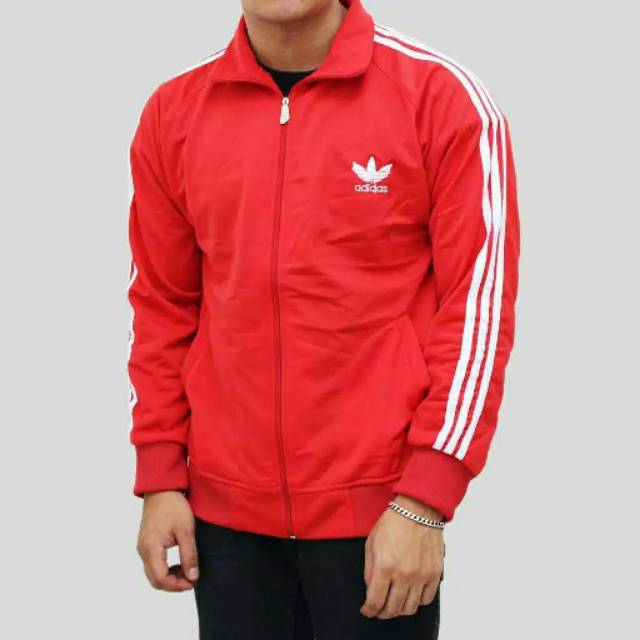 Sweater Jaket Pria Tracktop Adidas Firebird Merah Strep Putih Polyster
