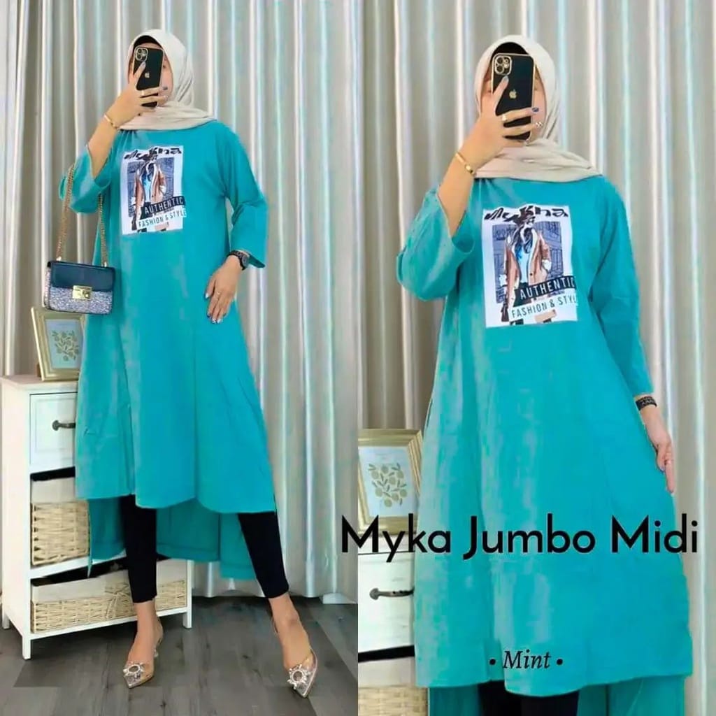 Myka Midi Dress Muslim Gamis Combed Aplikasi Sablon Baju Kaos Wanita Jumbo Ootd Kekinian Korean Style