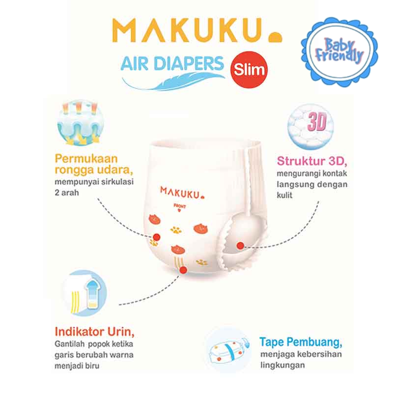 [BabyFriendly] MAKUKU Air Diapers Slim Pants L34 / Popok bayi Tipis SAP anti gumpal cepat kering sekali pakai tipe celana ukuran L isi 34pcs