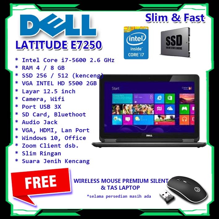 LAPTOP DELL E7250 INTEL CORE I5 G5 RAM 8GB SSD 256GB SUPER FAST