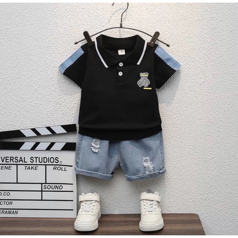 SETELAN BAJU DAN CELANA ANAK PANDA KERAH LEVIS 1-5 TAHUN