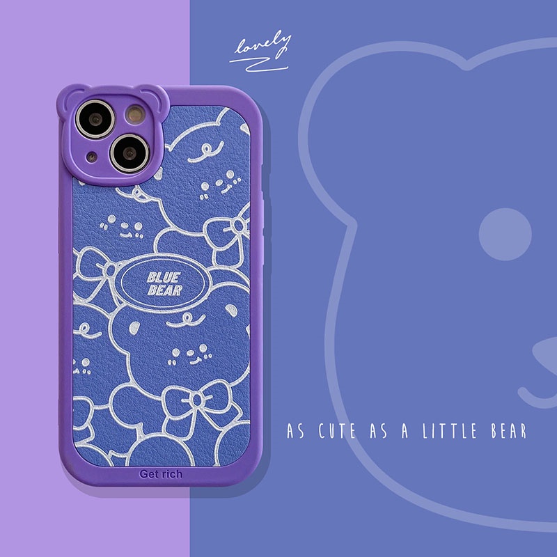 Soft case TPU Motif Kartun Beruang Warna Biru Ungu Untuk iPhone 11 12 13 Pro Max XS Max X XR 7 8 Plus