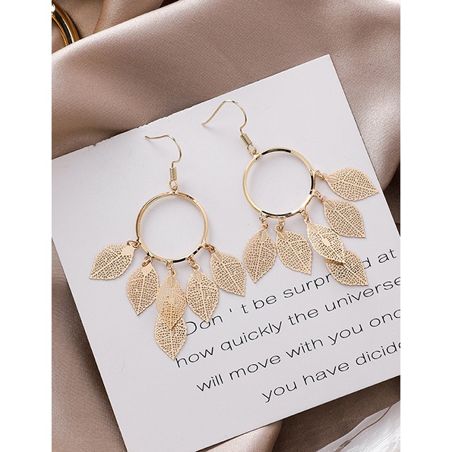 LRC Anting Gantung Fashion Gold Fringed Geometric Circle Openwork Leaf Earrings D20858