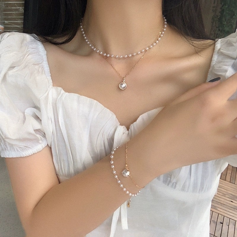 YEEZII Kalung Rantai Choker Liontin Mutiara Warna Emas Perak Gaya Korea Untuk Wanita