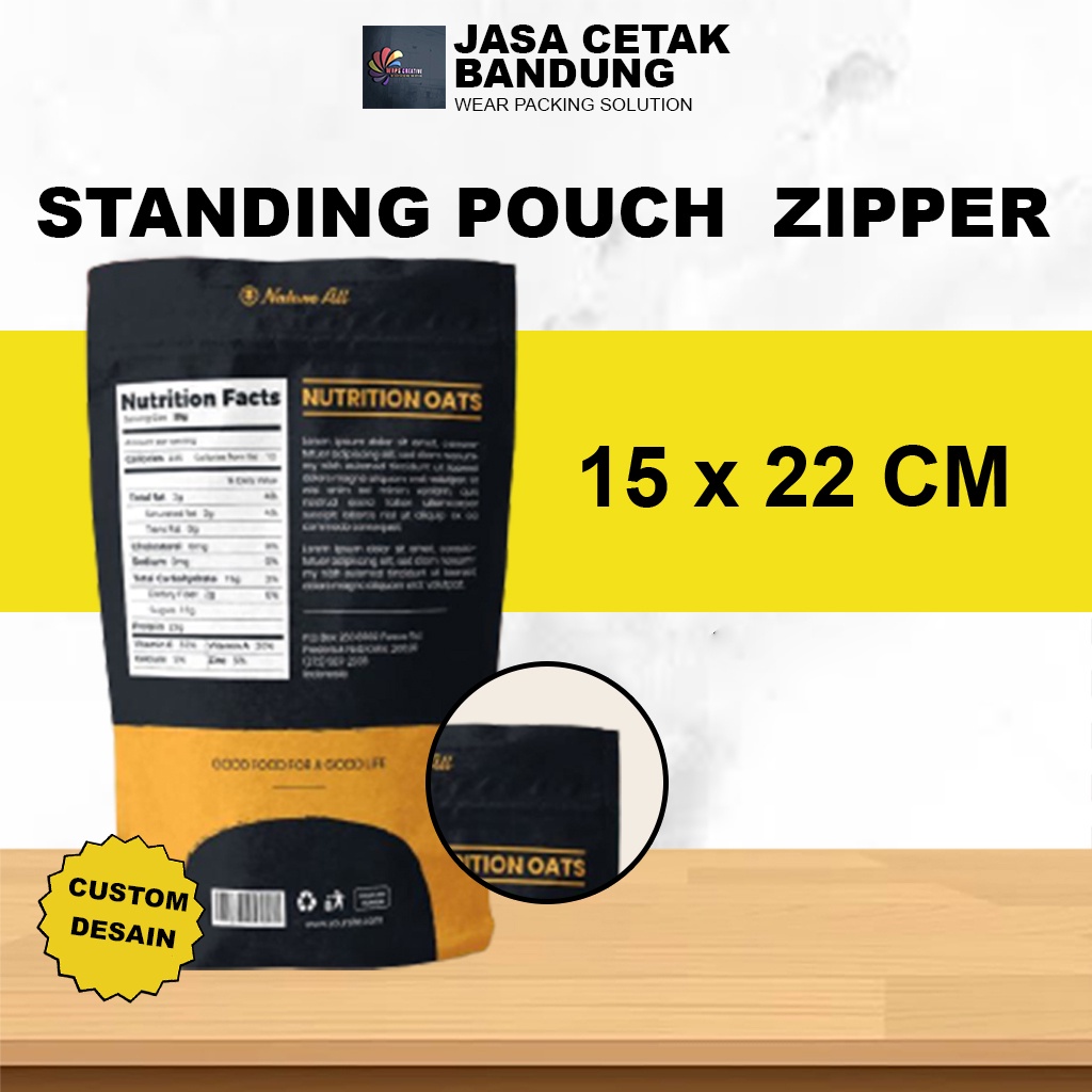 

KEMASAN CUSTOM STANDING POUCH + ZIPPER UKURAN 15X22