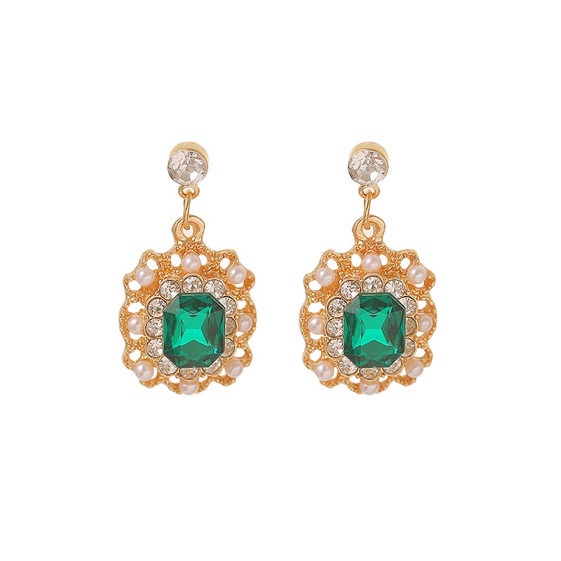 Korea retro gaya pengadilan berlian imitasi Mutiara fashion bright crystal square stud anting-anting