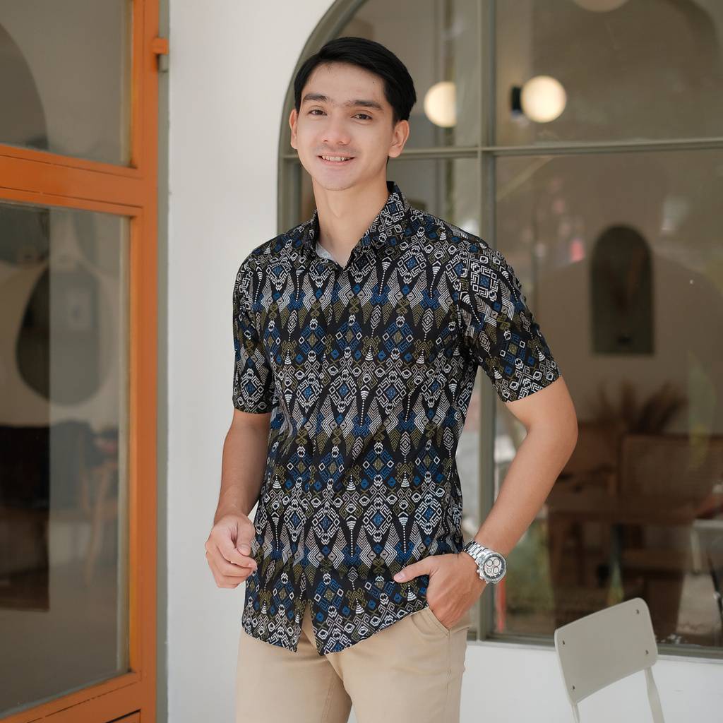 Menfashionhouse KEMEJA BATIK PRIA Hitam Lengan Pendek Motif Songket Cowok Murah Berkualitas