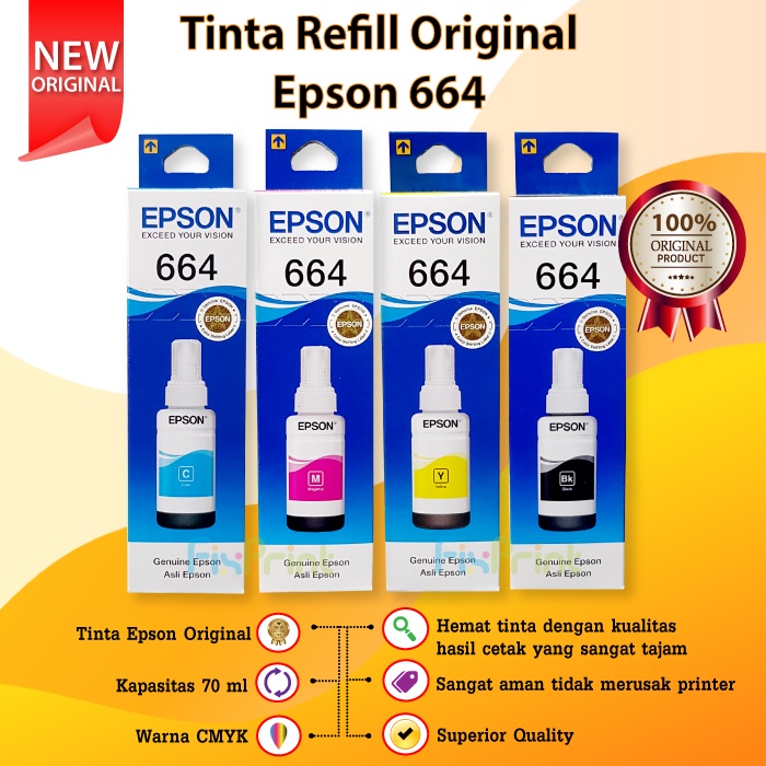 Tinta Refill Printer Epson Original Ink T664 L100 L200 L120 L210 L300 L350 Ori 664 t6641bk t664 CMYK