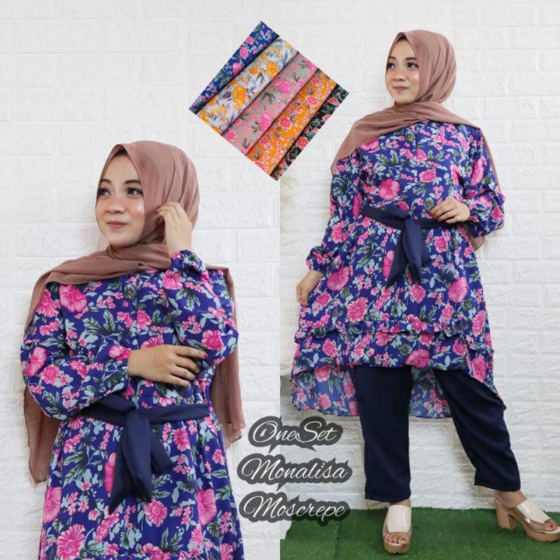 setcell mona Bunga, pakean wanita,dres kekinian,setelan celana,celana polos,tunik 2021