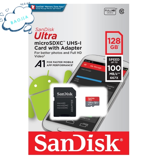 SANDISK Ultra Memory Card 128GB Micro SDXC UHS-1 c10 A1 98mb / s Free Adapter