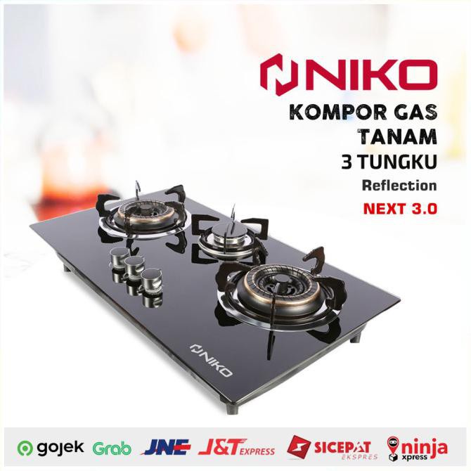 Kompor tanam kaca 3 tungku MEWAH niko reflection BLACK 3.0