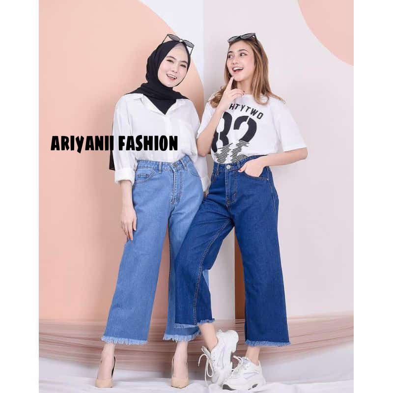 ARN - Celana Jeans Kulot Wanita Rawis Boyfriend Highwaist Denim Murah Cutbray Kekinian Korean Style