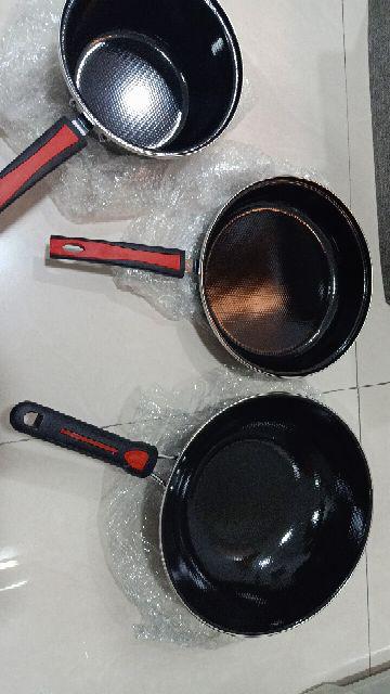 Panci Set Enamel Gsf G-2630 Frypan Tutup Kaca Wajan Wok Dan Saucepan