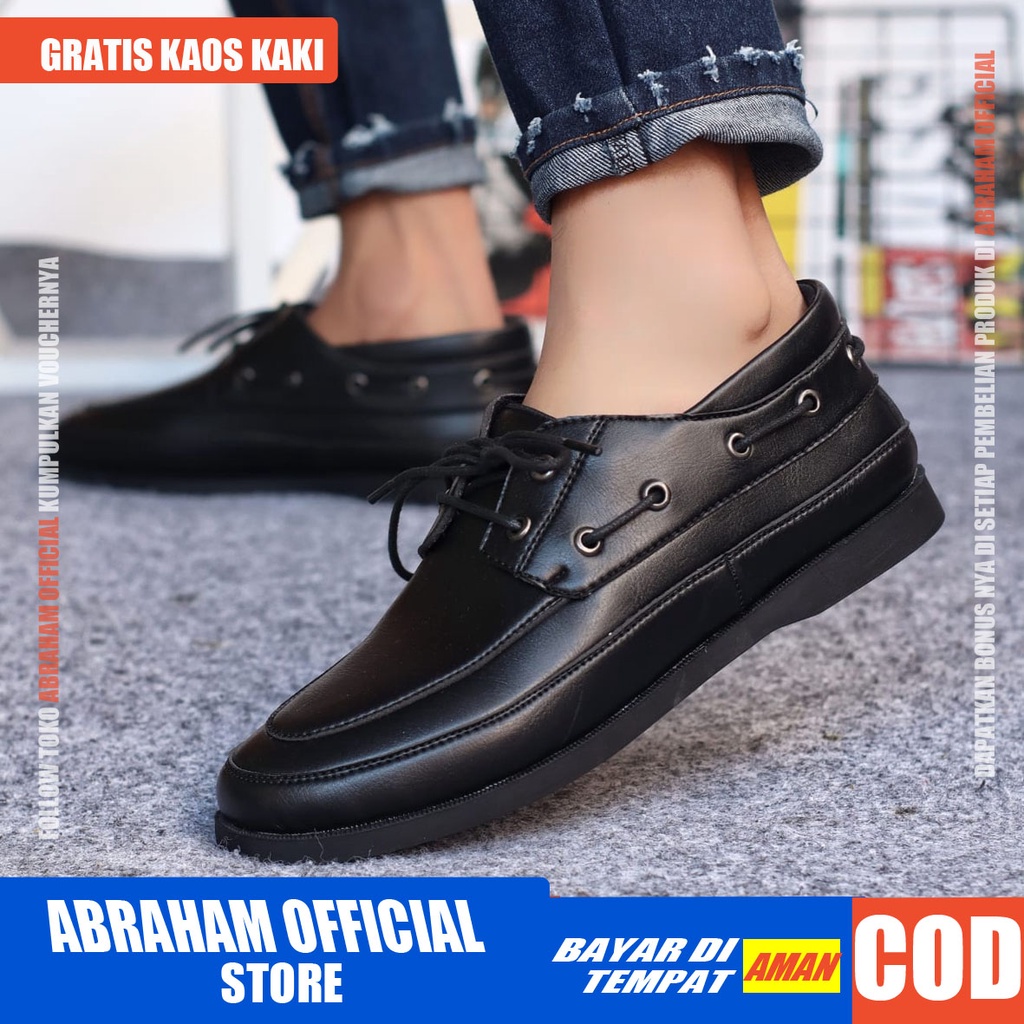 ABRAHAM Sepatu Formal Hitam Tali Pantofel Kulit Sintetis Casual Kerja Pria