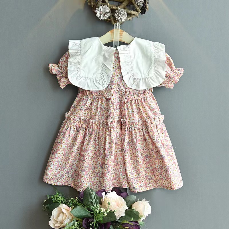 Dress Anak Perempuan Korean Fashion Floral Printed Warna Hijau Gaun