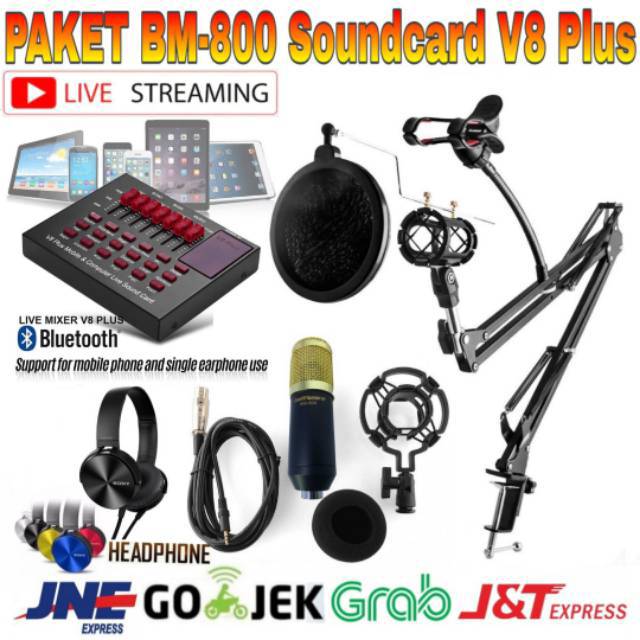 Paket Komplit BM800 Mixer  Soundcard V8 Plus Bluetooth  Stand Holder Rekaman Terbaik