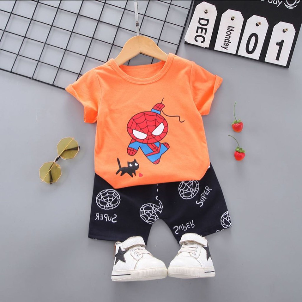 Spidey &amp; Cat Suit Setelan Baju Anak Import Baju setelan kaos celana pergi jalan fashion murah bagus