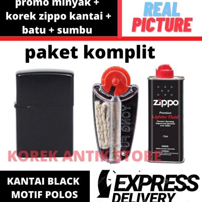Promo Minyak Zippo + Batu + Sumbu + Korek Api Zippo hitam polos