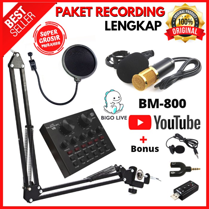 Paket Recording Lengkap Microphone Mic BM 800 BM800 Soundcard V8 Youtube Live Streaming