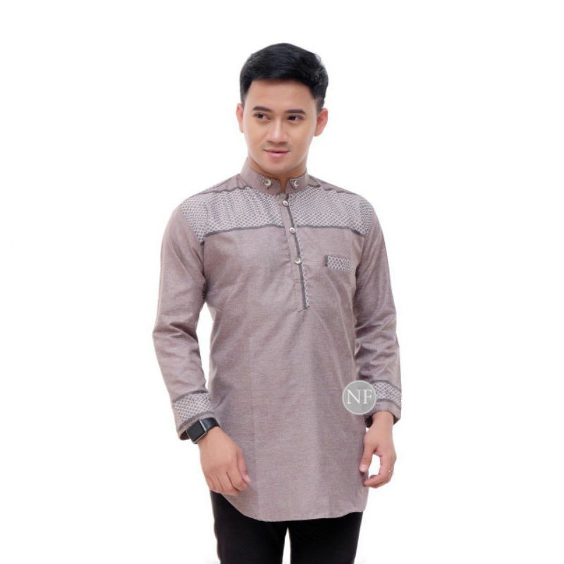 BAJU KOKO PRIA DEWASA KURTA LENGAN PANJANG 7/8 WARNA ABU-ABU KREM CREAM COKLAT MUDA POLOS HALUS M XL