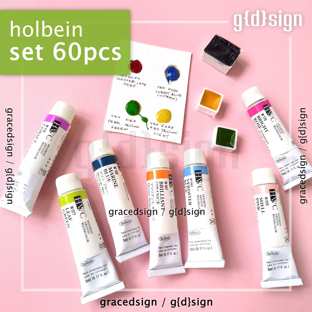 

Set 60 pcs - Holbein Artist Watercolor - Share Tube Cat Air Hand Poured Dot Card Mini Pan Half Pan