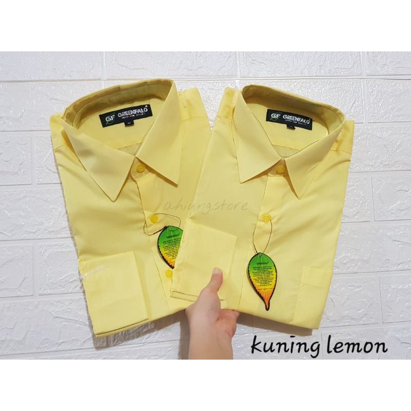 KEMEJA PRIA GREENFALO - KEMEJA POLOS LENGAN PANJANG PRIA WARNA KUNING LEMON