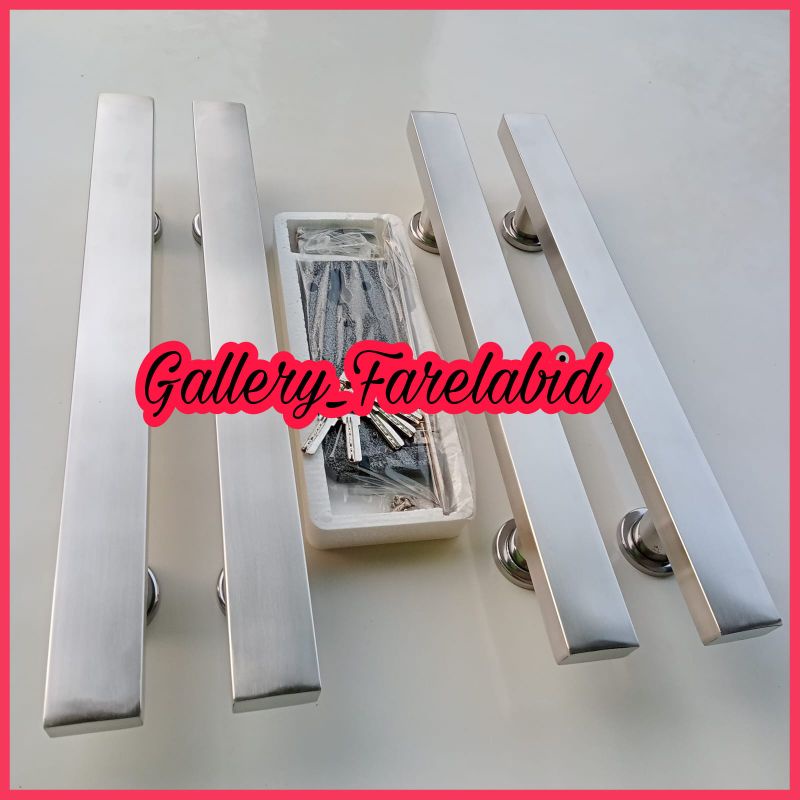 Handle Pintu Rumah Stainless Steel Kotak 80 Cm Full Set Body Kunci Gagang Pintu Rumah Modern 60 Cm Set Bodi Pelor Pegangan Pintu Kupu Tarung 45 Cm Tarikan Pintu Rumah Utama Minimalis
