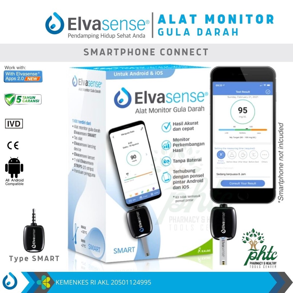 ELVASENSE Alat Cek Gula Darah Smartphone Connect Kit IOS / ANDROID - Type Smart